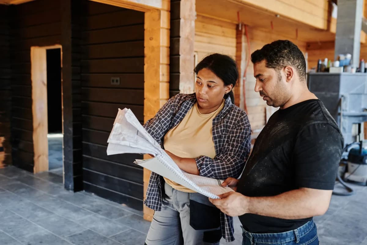 Two workers reviewing a construction plan together