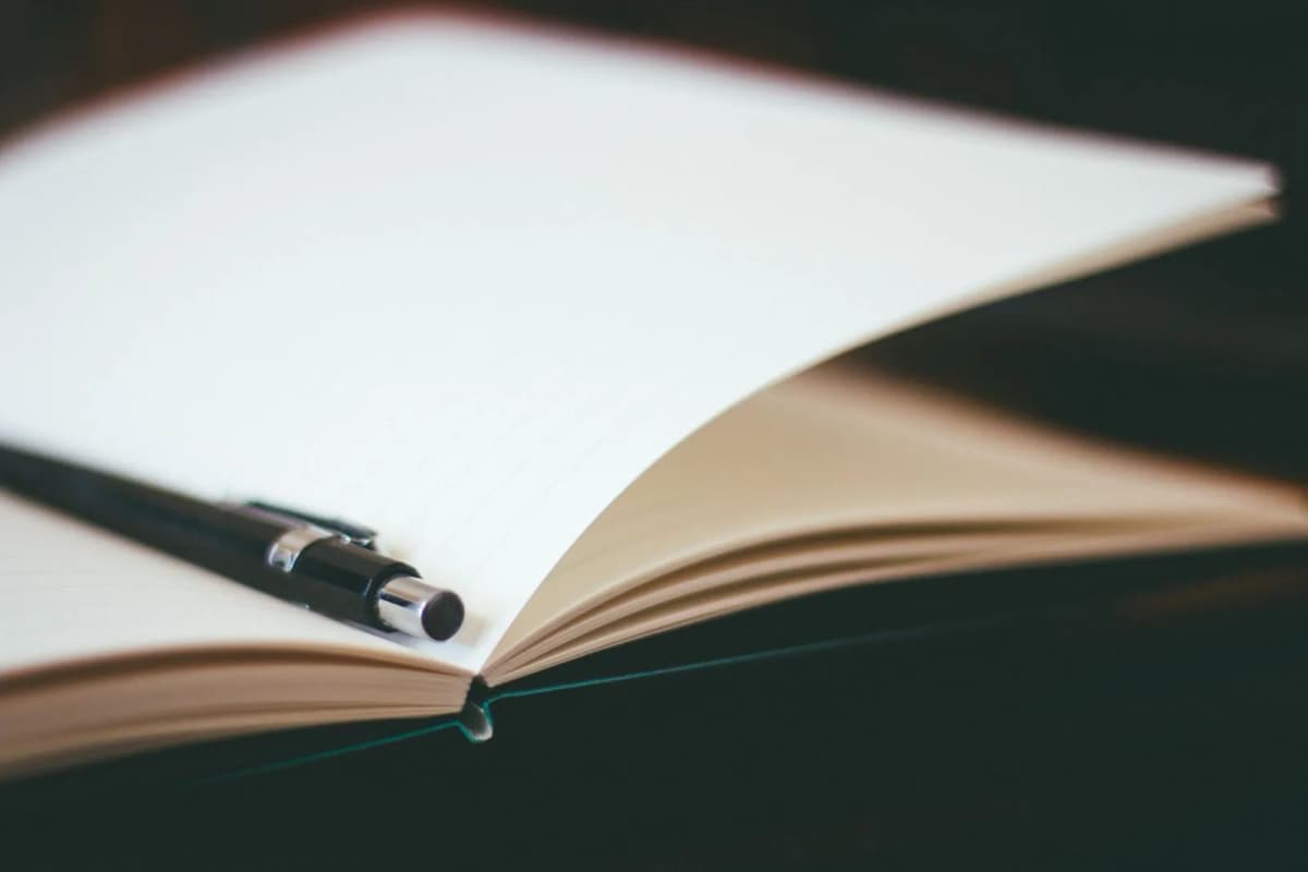 An open notebook with a pen resting on the page