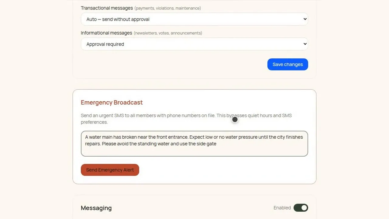 How does a board send an emergency text to residents?