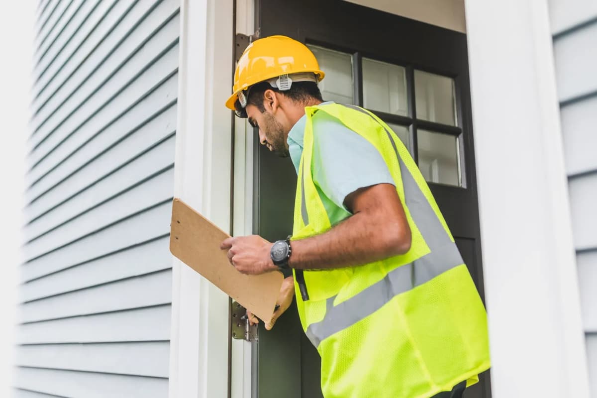 A property inspector in a hard hat and safety vest reviewing a building exterior with a clipboard