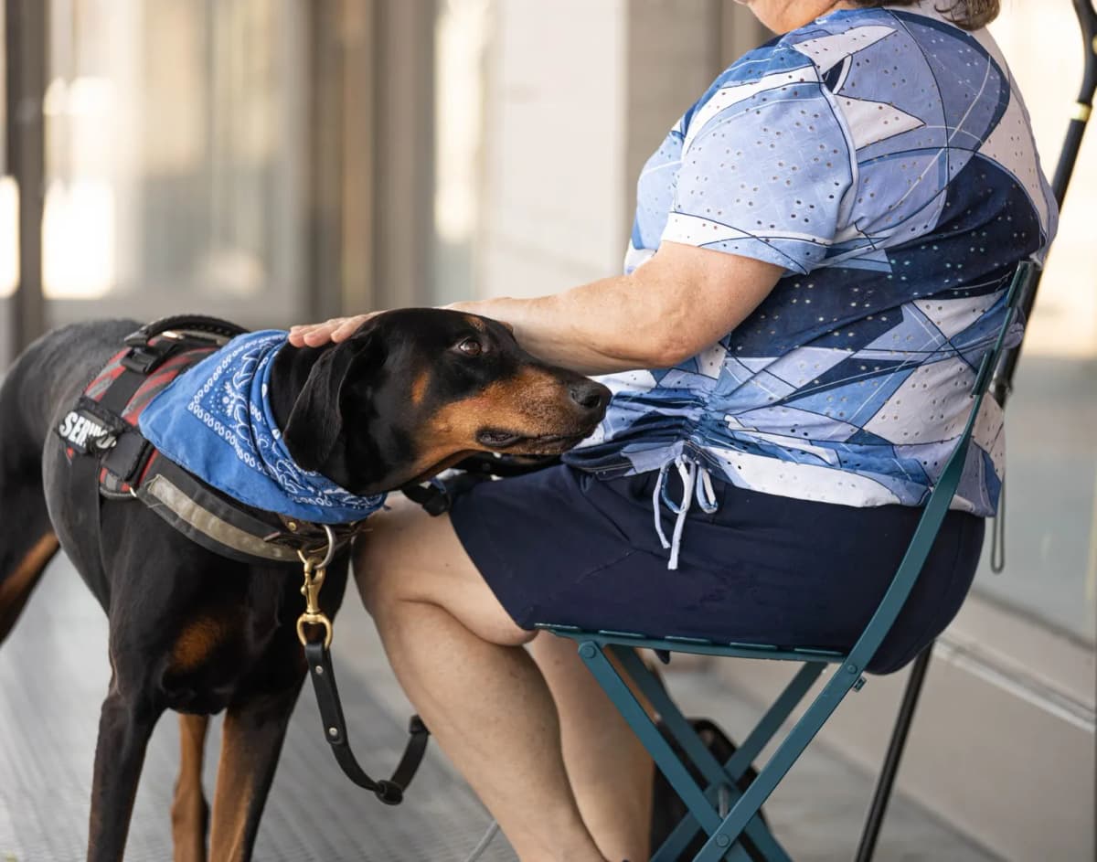 A woman outdoors with her service dog in a vest