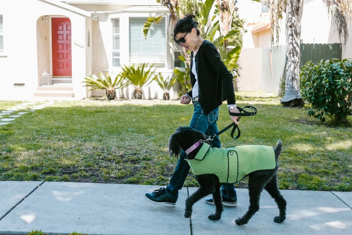 A resident walking a dog in a covenant community