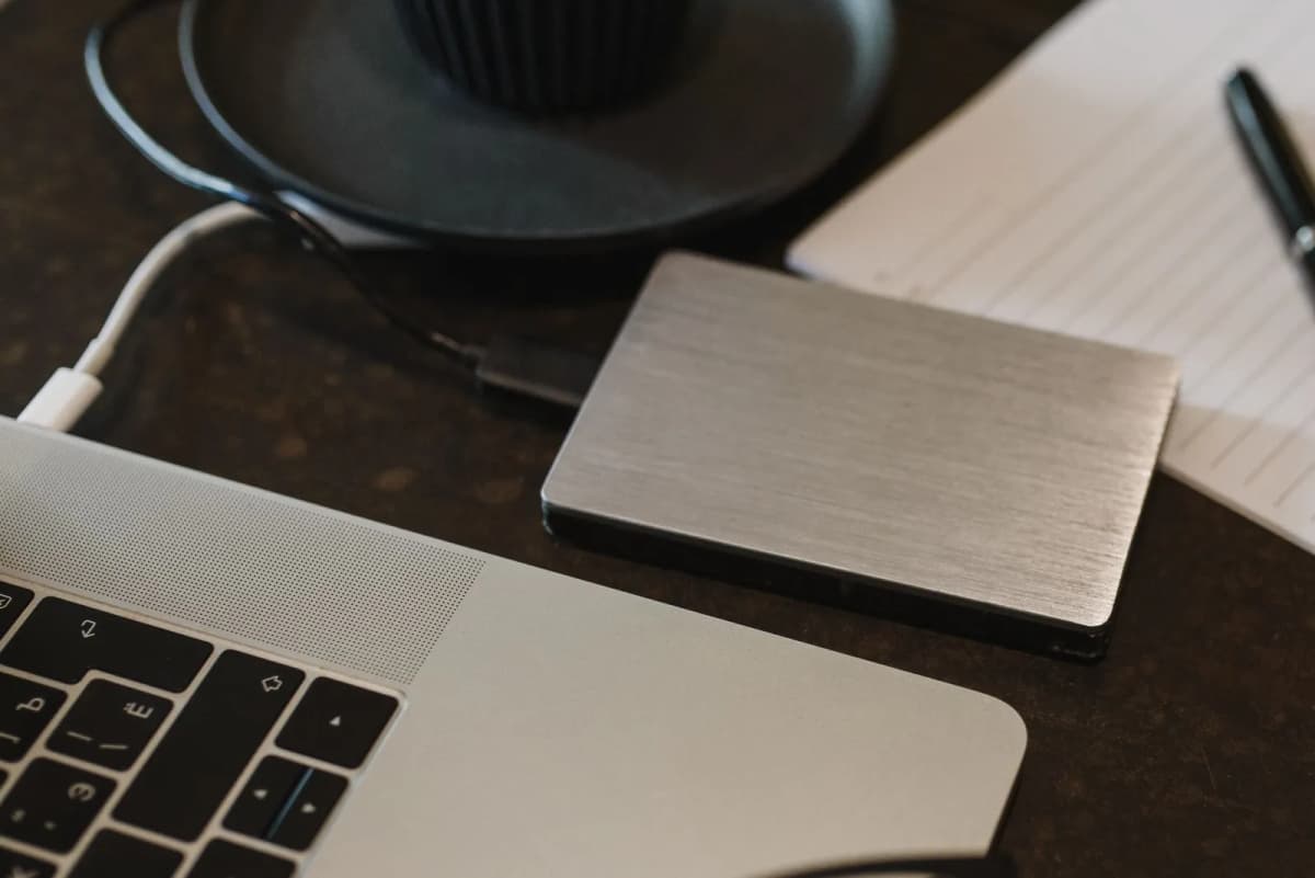 An external hard drive connected to a laptop