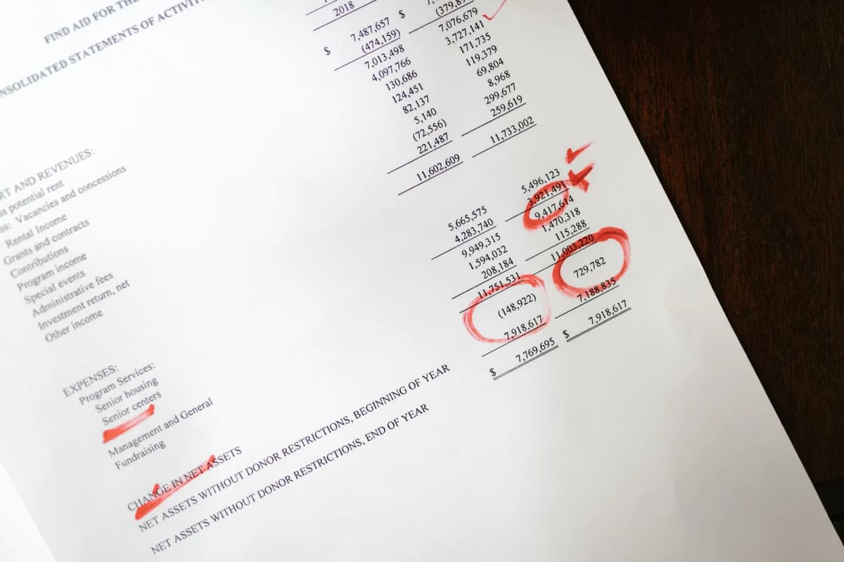 A printed financial statement with figures circled in red pen