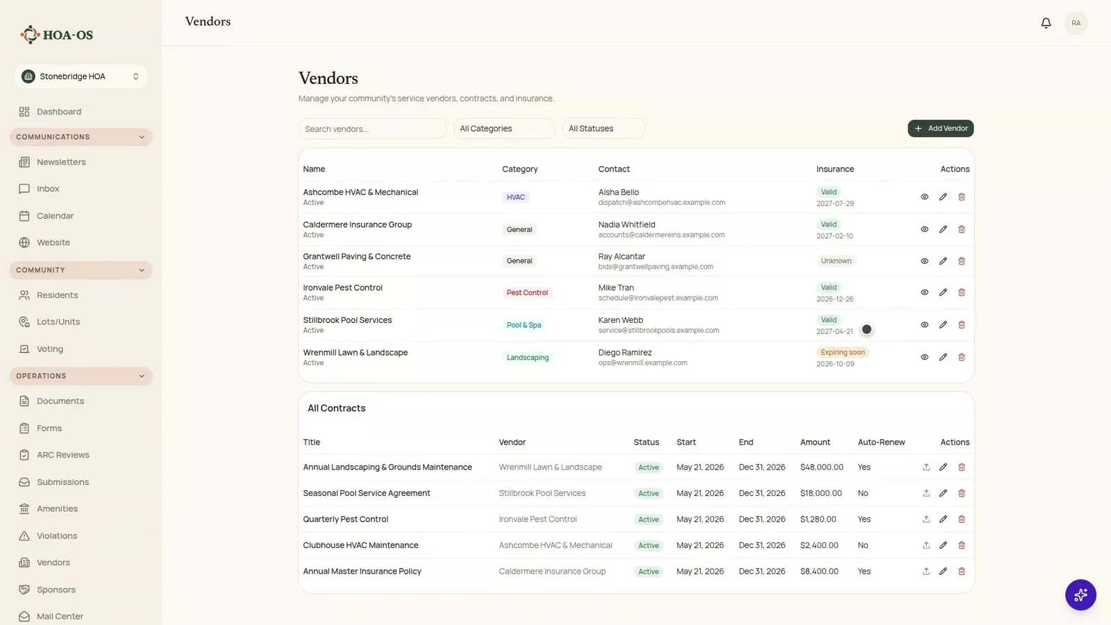 How does a board keep track of its vendors' contracts and insurance before something lapses?