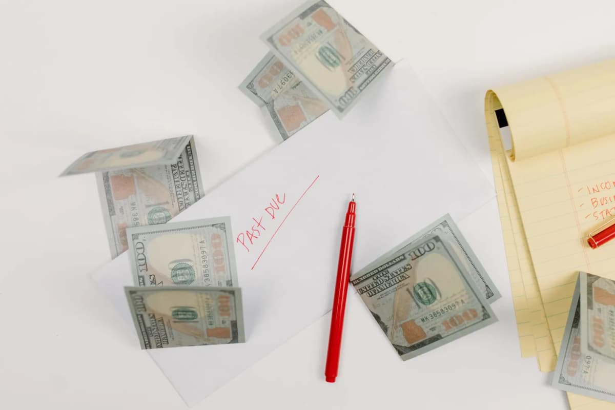 A past due notice and cash on a table