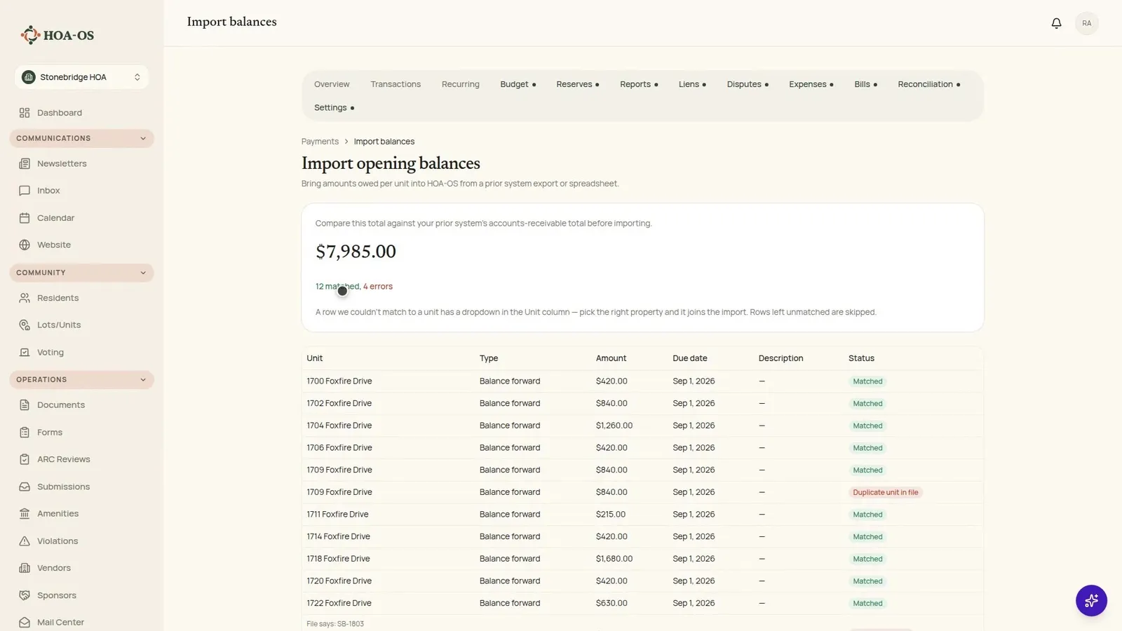 We're switching systems. How do we bring over what each unit already owes?