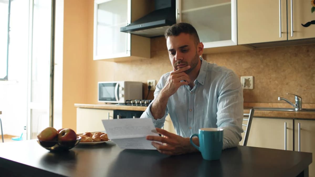A person reading a letter at a kitchen table