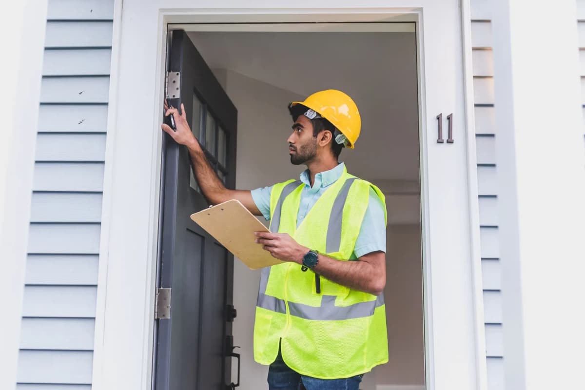 An inspector with a clipboard checking the front door of a house