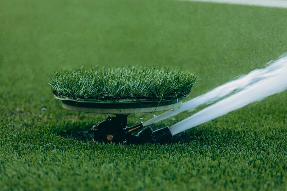 Sprinkler head watering a green lawn