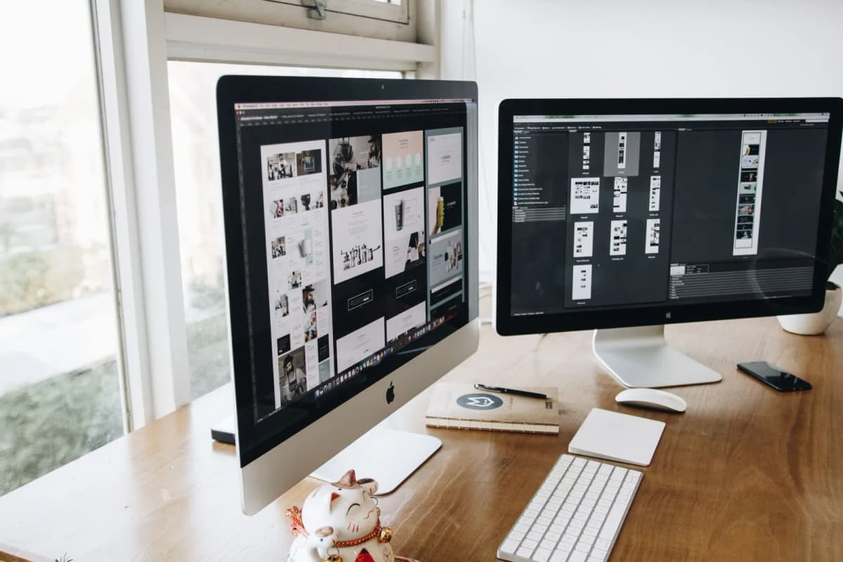 A tidy desk with dual monitors