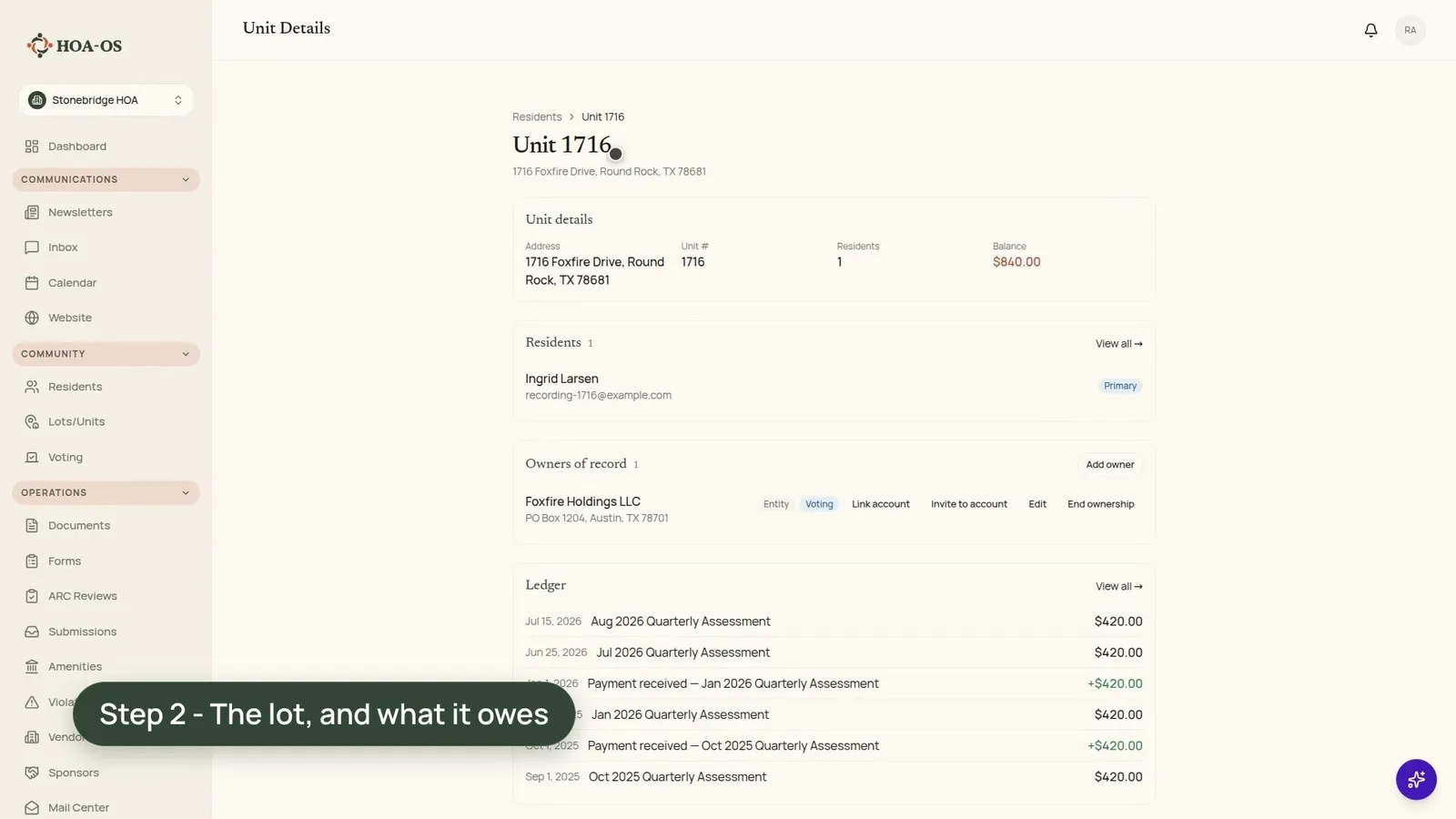 Where does a board see what's owed on one unit, what's been reported, and who actually lives there?