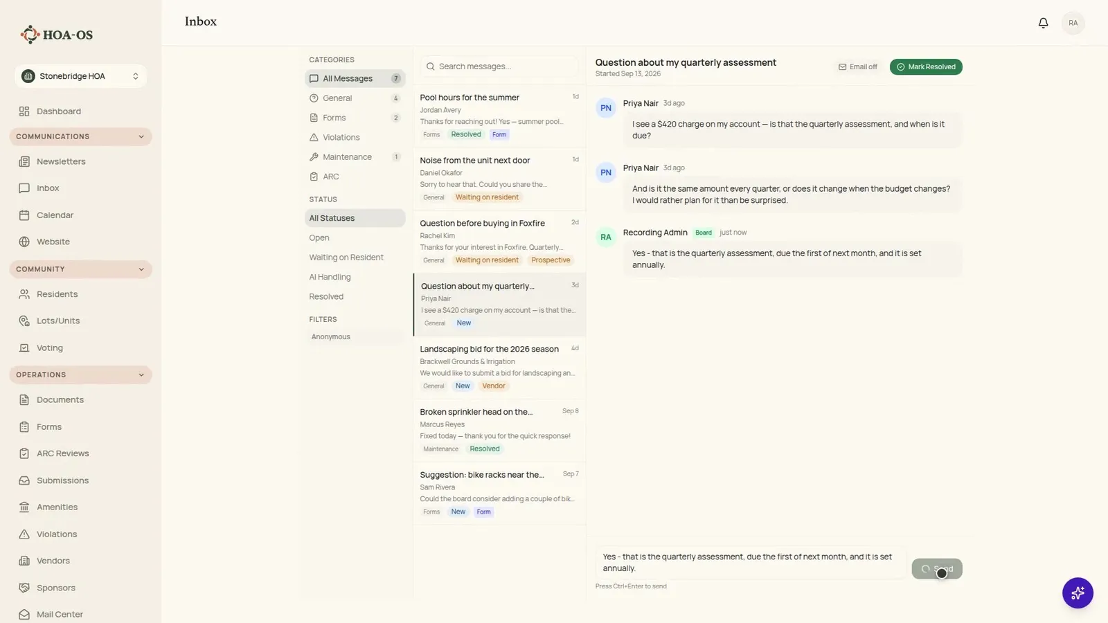 How a board handles resident messages without them landing in one person's personal inbox