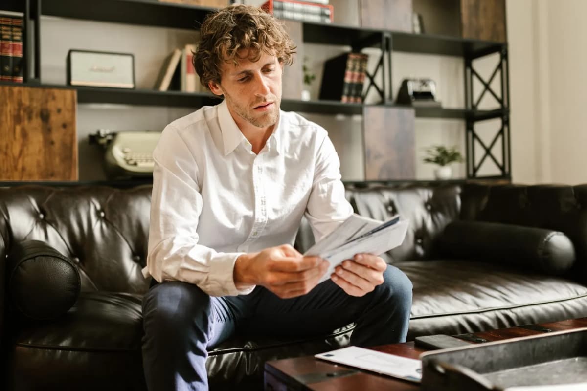 A man reading documents on a sofa in a home office