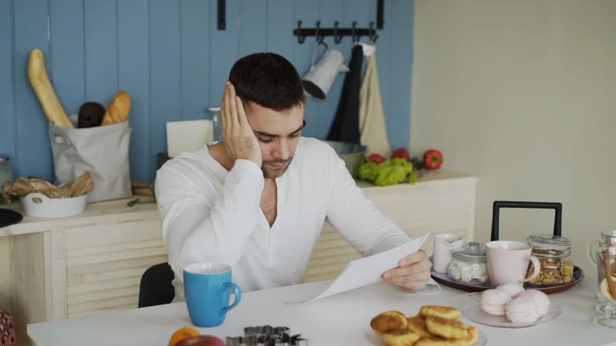 A homeowner reading a letter at the kitchen table