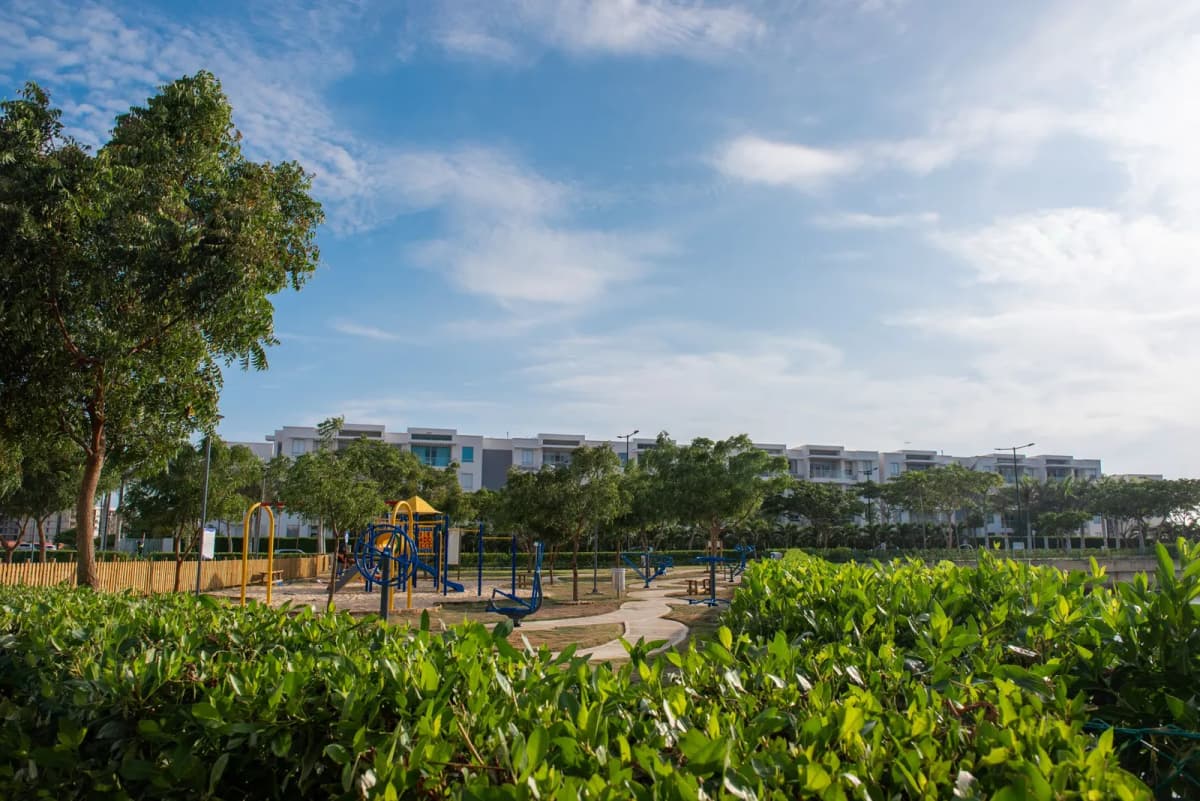 A neighborhood playground surrounded by trees and green space